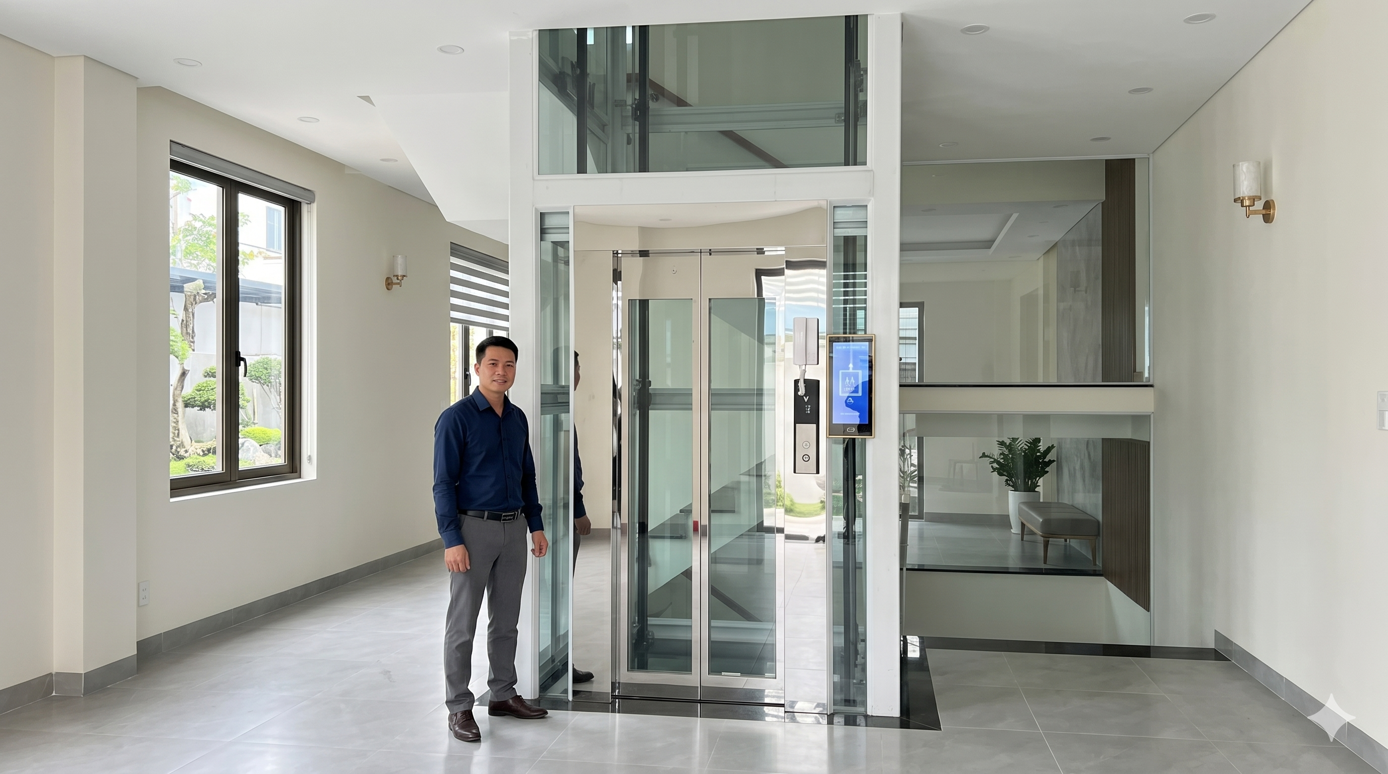 Thang máy gia đình kính hiện đại trong nhà, bên cạnh là người đàn ông đứng giới thiệu sản phẩm